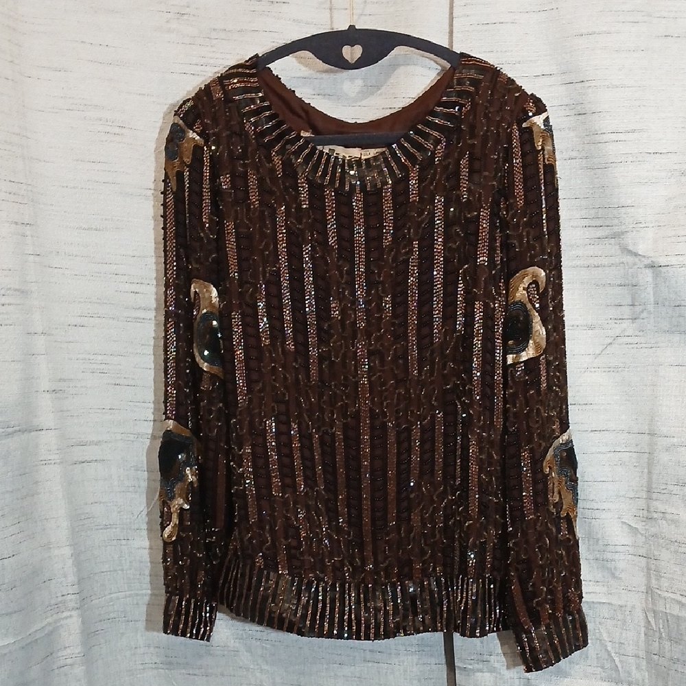 Vintage Jaz 100% Silk Lining Elegant Sequin Embellished Brown Top Sz M
